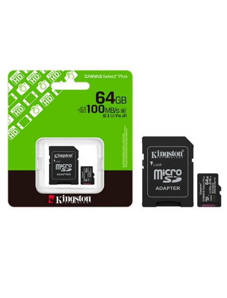 Micro sd hc Kingston uhs-i 64Gb Canvas Select Plus Gen3 100mb/s clase 10 / A1 / con adaptador SDCS3/64GB